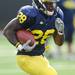 Michigan sophomore running back Fitzgerald Toussaint runs the ball during a play at practice on Tuesday.  Melanie Maxwell I AnnArbor.com
